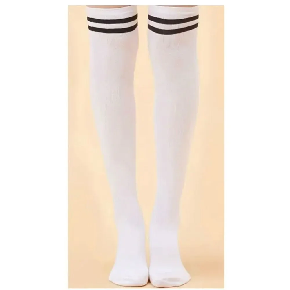White Thigh-High Socks With Black 3-Stripe Over-Knee-One Size - Picture 4 of 8